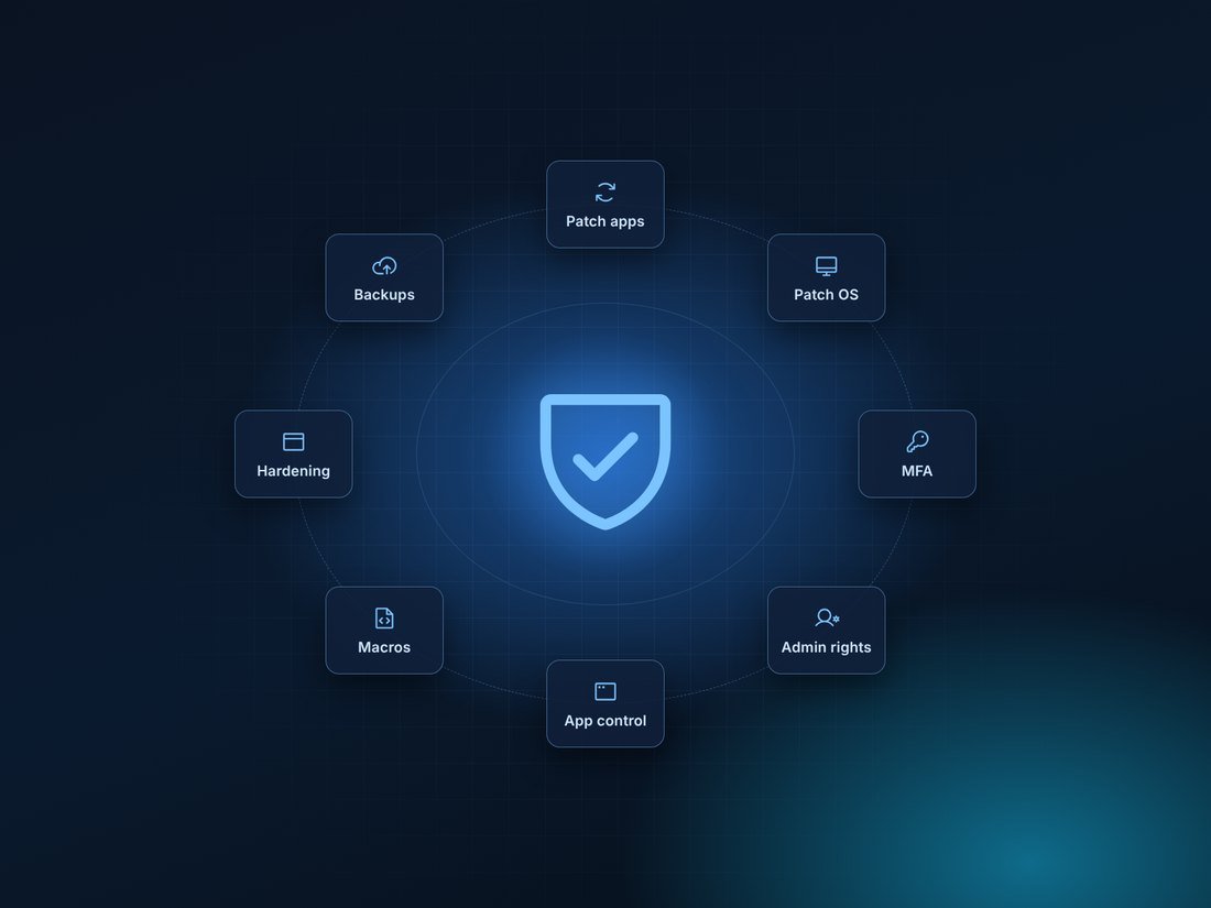 A shield surrounded by the eight Essential Eight controls: patching, MFA, admin rights, application control, macros, hardening and backups