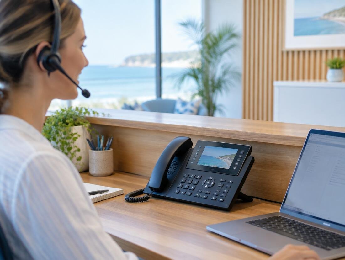 Reception desk with headset and phone